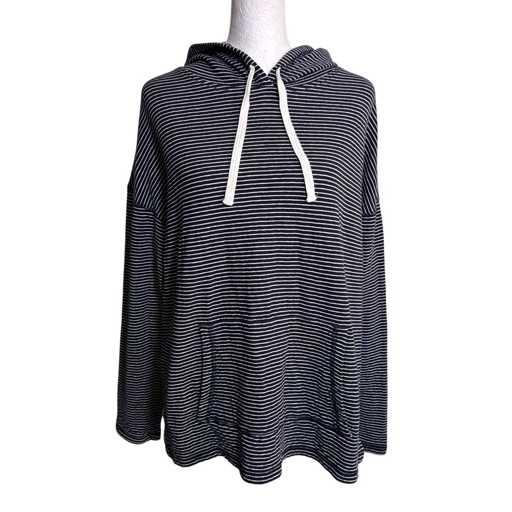 Talbots Women L Black White Striped Cotton Hoodie Elbow Patch Pullover Sweater